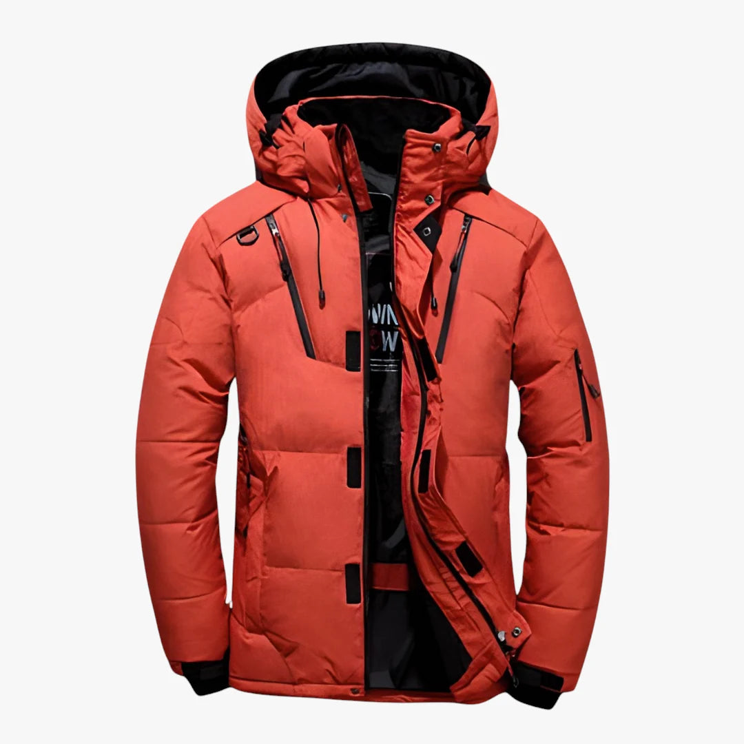 Men's quilted hooded jacket with zip pockets and snap storm flap