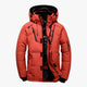 Men's quilted hooded jacket with zip pockets and snap storm flap