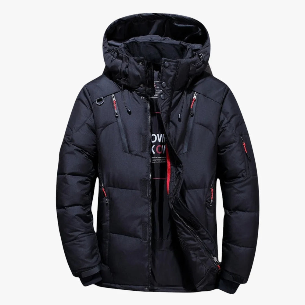 Men's quilted hooded jacket with zip pockets and snap storm flap