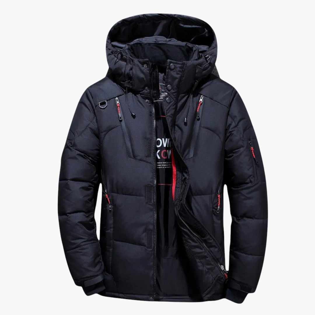 Men's quilted hooded jacket with zip pockets and snap storm flap