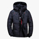 Men's quilted hooded jacket with zip pockets and snap storm flap