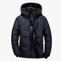 Men's quilted hooded jacket with zip pockets and snap storm flap