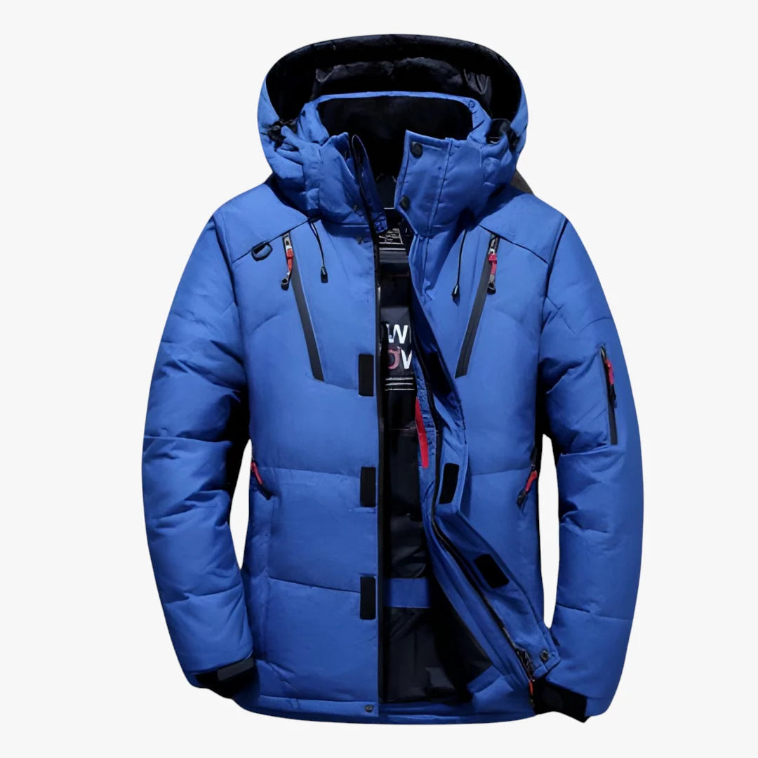 Men's quilted hooded jacket with zip pockets and snap storm flap
