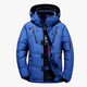 Men's quilted hooded jacket with zip pockets and snap storm flap