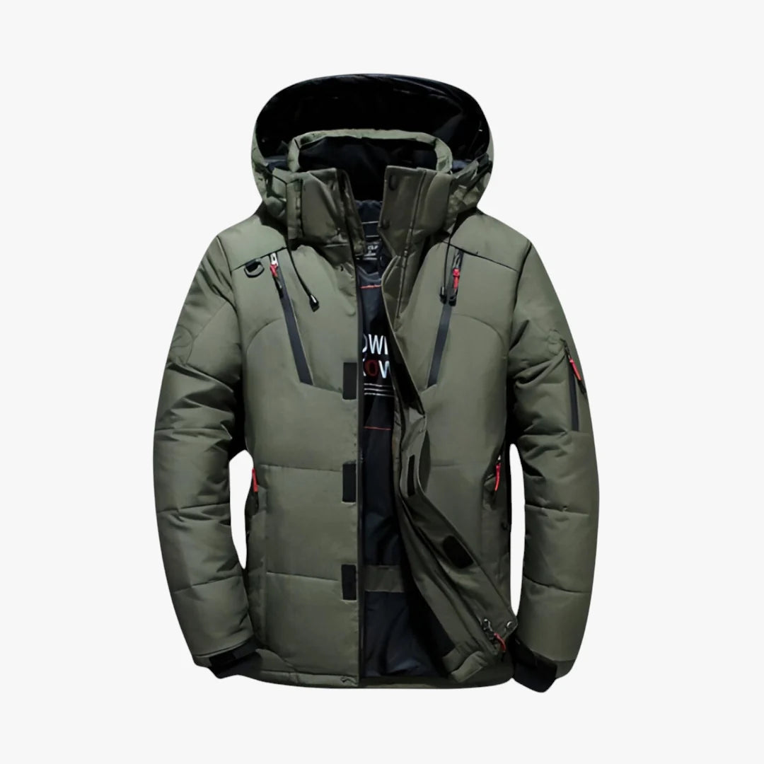 Men's quilted hooded jacket with zip pockets and snap storm flap