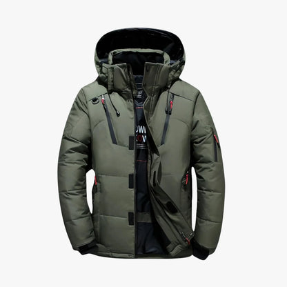 Men's quilted hooded jacket with zip pockets and snap storm flap
