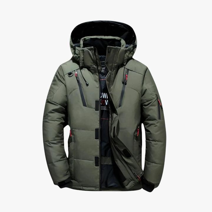 Men's quilted hooded jacket with zip pockets and snap storm flap