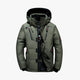 Men's quilted hooded jacket with zip pockets and snap storm flap