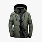 Men's quilted hooded jacket with zip pockets and snap storm flap