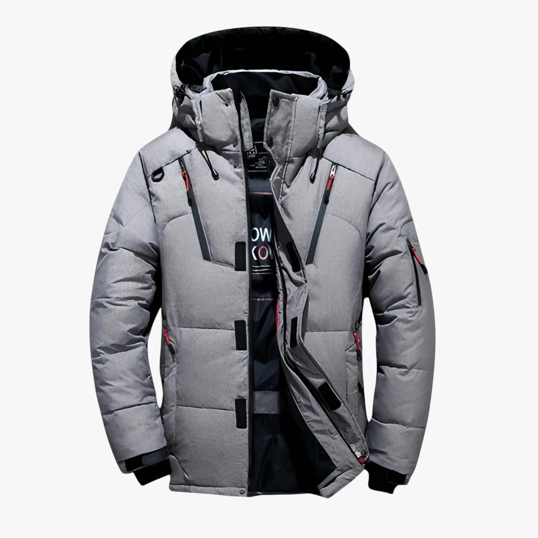 Men's quilted hooded jacket with zip pockets and snap storm flap