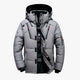 Men's quilted hooded jacket with zip pockets and snap storm flap