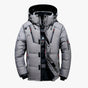 Men's quilted hooded jacket with zip pockets and snap storm flap