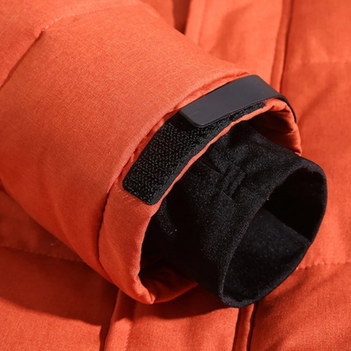Men's quilted hooded jacket with zip pockets and snap storm flap