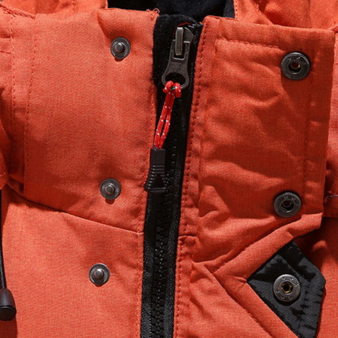 Men's quilted hooded jacket with zip pockets and snap storm flap