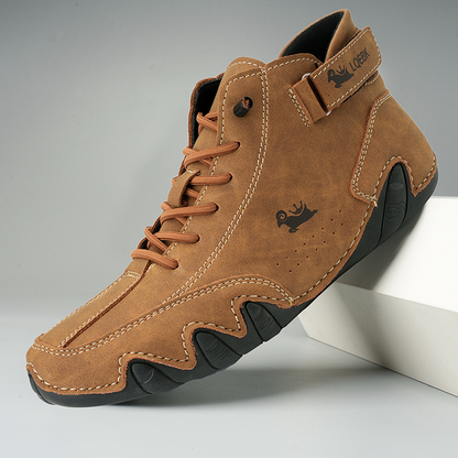 High-top lace-up ankle boots with ankle strap and textured flat sole