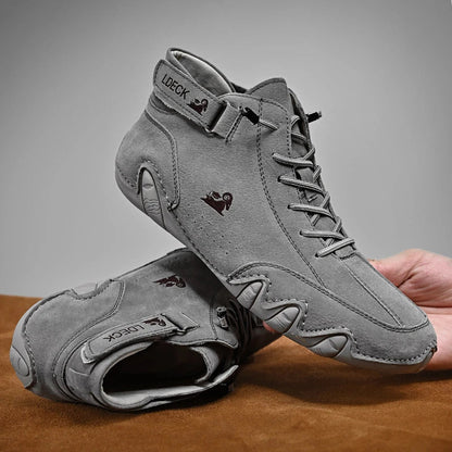 High-top lace-up ankle boots with ankle strap and textured flat sole