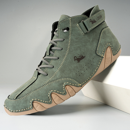 High-top lace-up ankle boots with ankle strap and textured flat sole