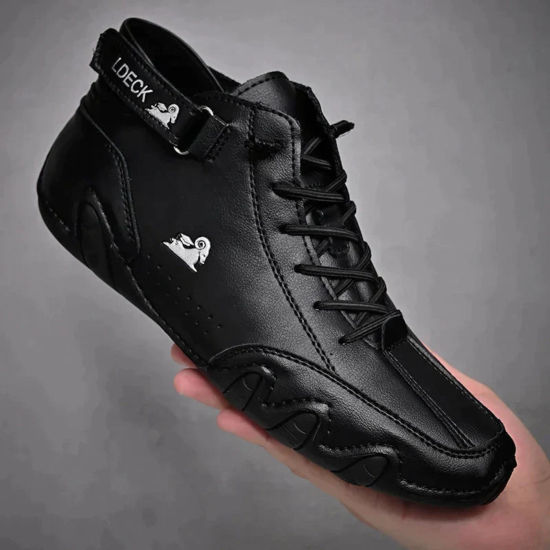 High-top lace-up ankle boots with ankle strap and textured flat sole
