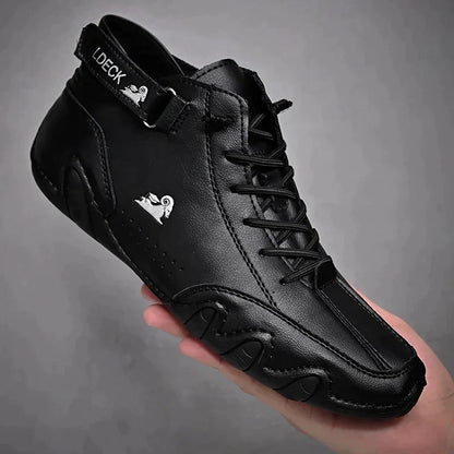 High-top lace-up ankle boots with ankle strap and textured flat sole