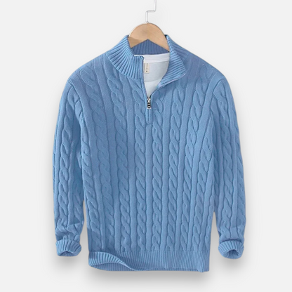 Men's cable-knit quarter-zip sweater with mock neck and long sleeves