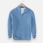 Men's cable-knit quarter-zip sweater with mock neck and long sleeves