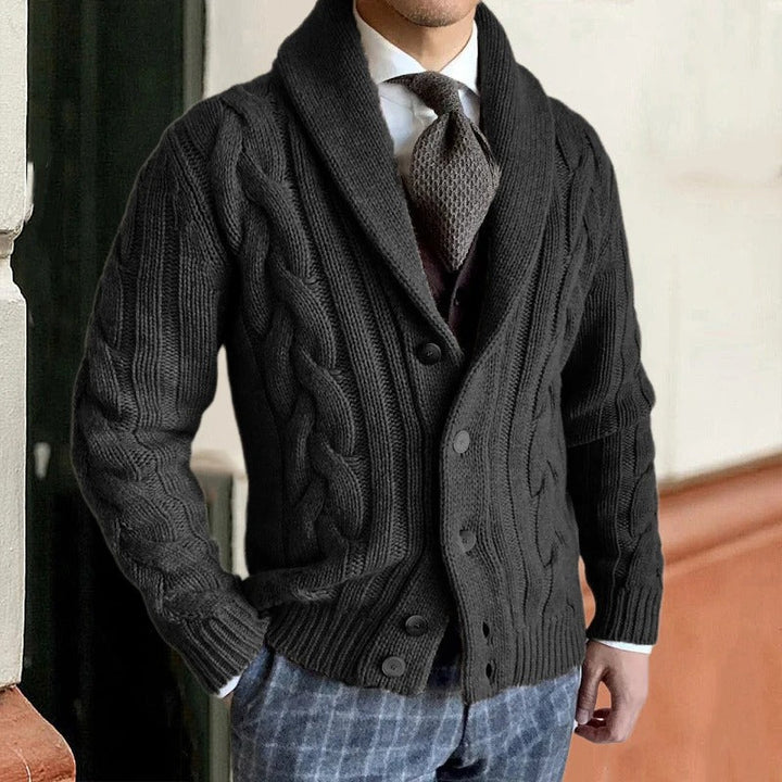 Men's cable knit cardigan sweater with shawl collar and button front