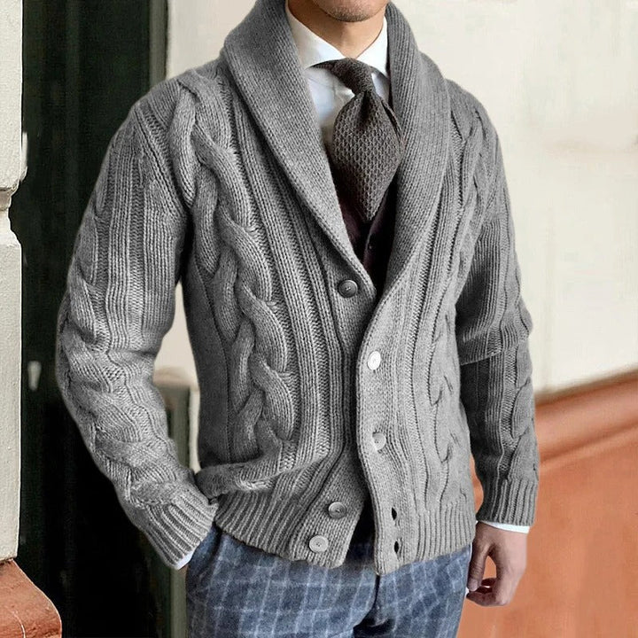 Men's cable knit cardigan sweater with shawl collar and button front