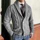 Men's cable knit cardigan sweater with shawl collar and button front