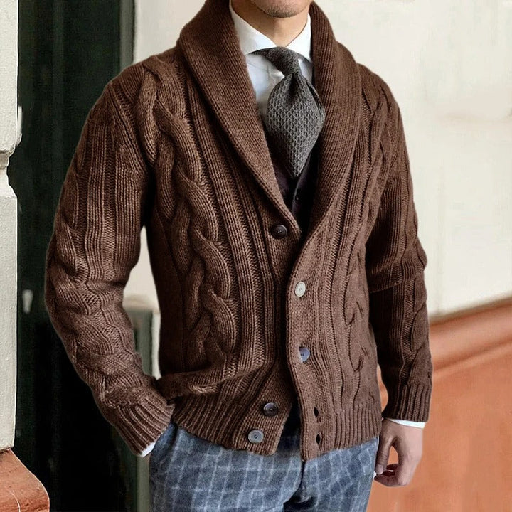 Men's cable knit cardigan sweater with shawl collar and button front