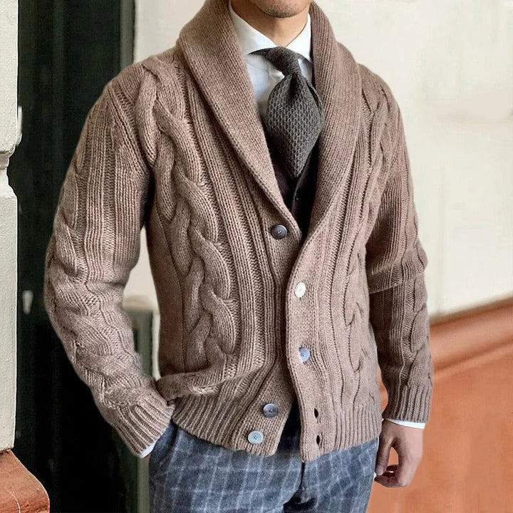 Men's cable knit cardigan sweater with shawl collar and button front