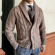 Men's cable knit cardigan sweater with shawl collar and button front