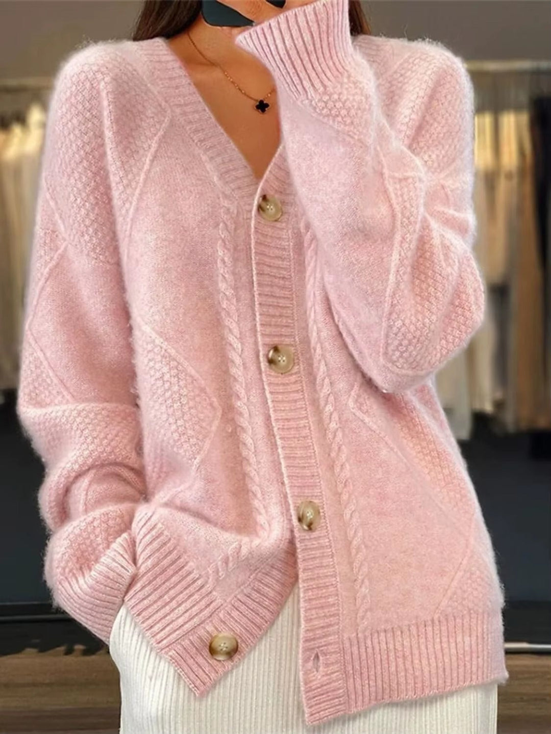 Women's textured cable knit cardigan with V-neck, buttons and front pockets