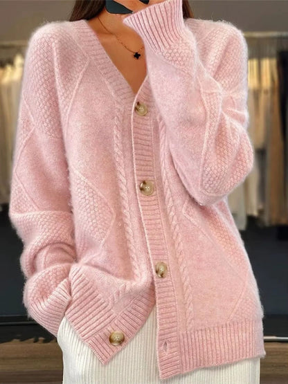 Women's textured cable knit cardigan with V-neck, buttons and front pockets
