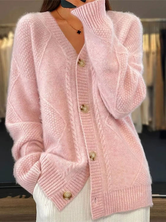 Cardigan femme en maille torsadée à col en V, manches longues, devant boutonné