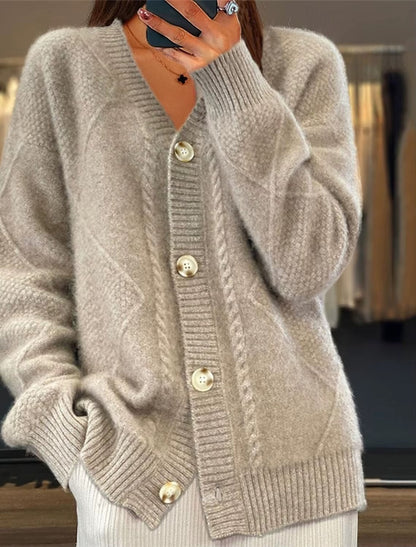 Women's textured cable knit cardigan with V-neck, buttons and front pockets