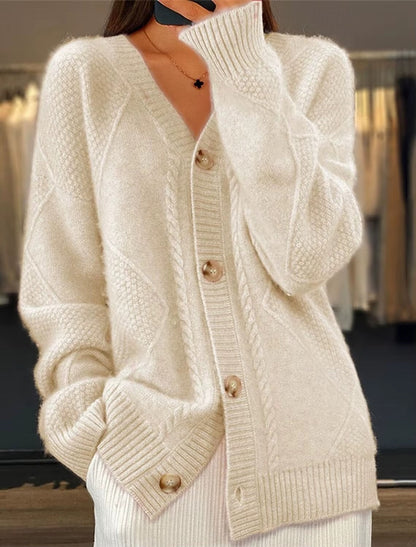 Women's textured cable knit cardigan with V-neck, buttons and front pockets