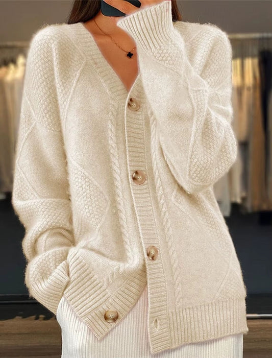 Cardigan femme en maille torsadée à col en V, manches longues, devant boutonné