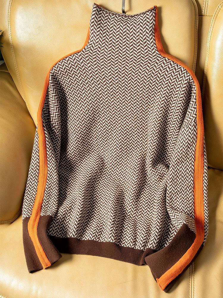 Women's herringbone roll neck jumper with contrast trim and long sleeves