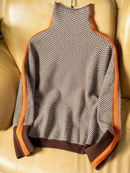 Women's herringbone roll neck jumper with contrast trim and long sleeves