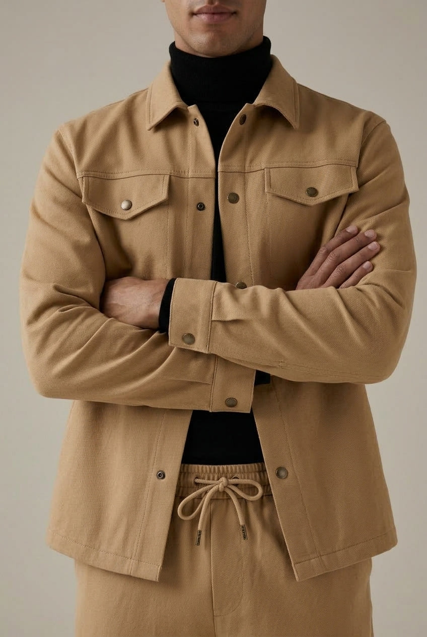 Men's two-piece jacket and straight-leg trousers set with button-front jacket