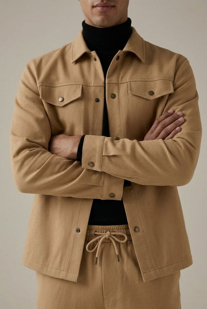 Men's two-piece jacket and straight-leg trousers set with button-front jacket