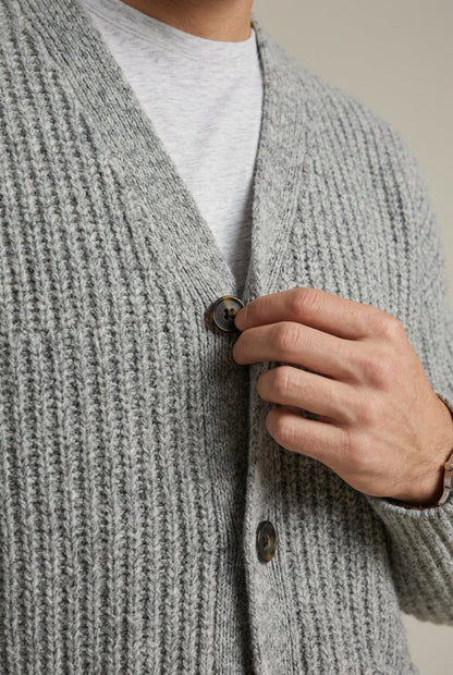 Men's ribbed knit cardigan with V-neck, button front and patch pockets
