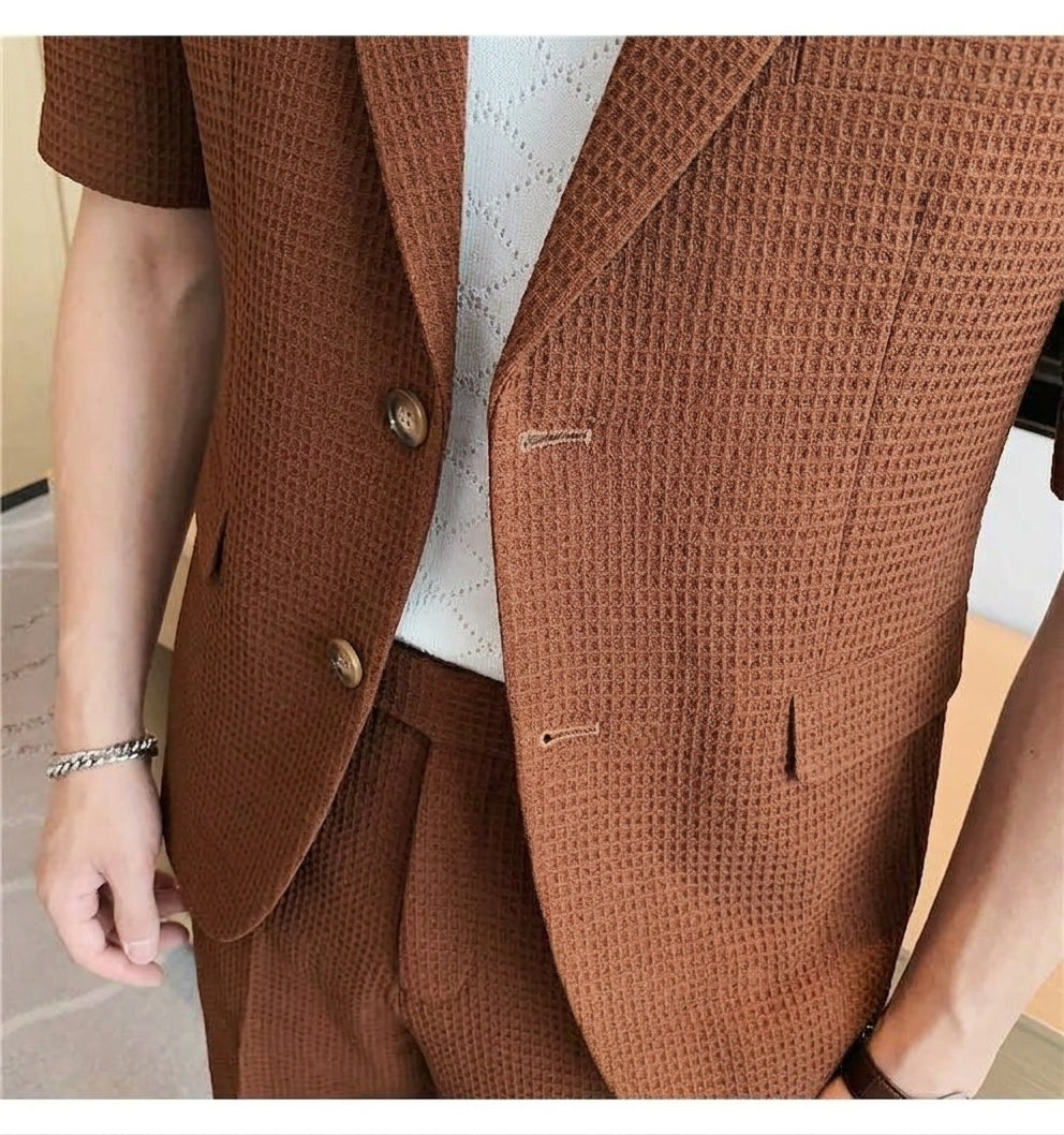 Men's Seersucker Blazer and Shorts Set, Short Sleeve, Notch Lapel