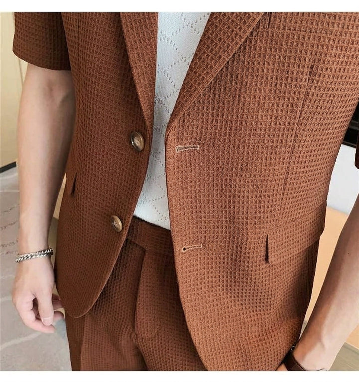 Men's Seersucker Blazer and Shorts Set, Short Sleeve, Notch Lapel