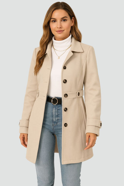 Women's belted trench coat with lapel collar and long sleeves