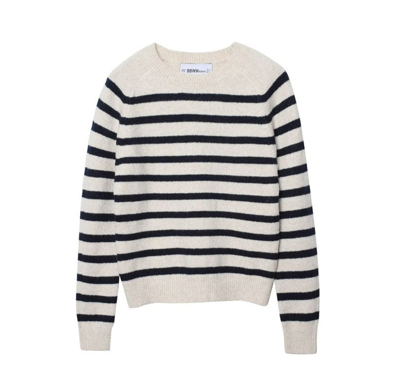 Women's cream and navy striped knit sweater with crew neck and long sleeves