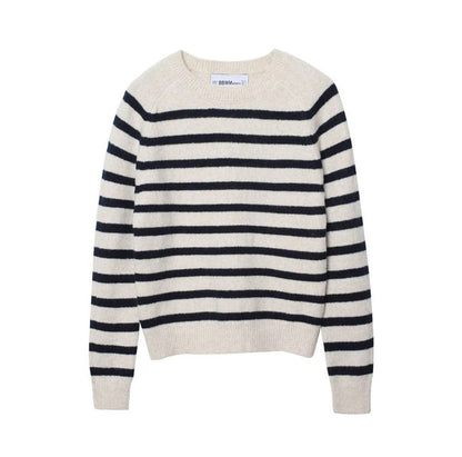 Women's cream and navy striped knit sweater with crew neck and long sleeves