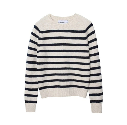 Women's cream and navy striped knit sweater with crew neck and long sleeves