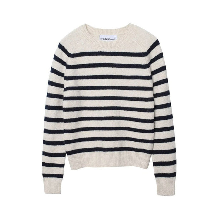 Women's cream and navy striped knit sweater with crew neck and long sleeves