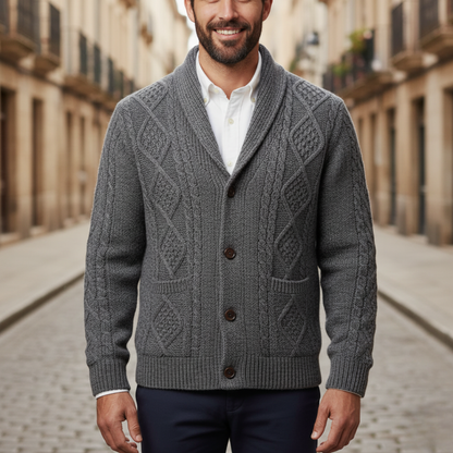 Men's cable-knit shawl-collar cardigan with buttons and pockets
